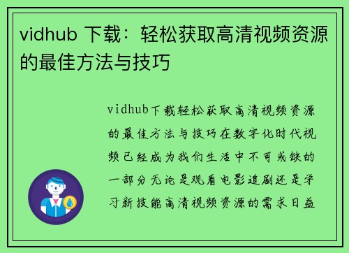 vidhub 下载：轻松获取高清视频资源的最佳方法与技巧